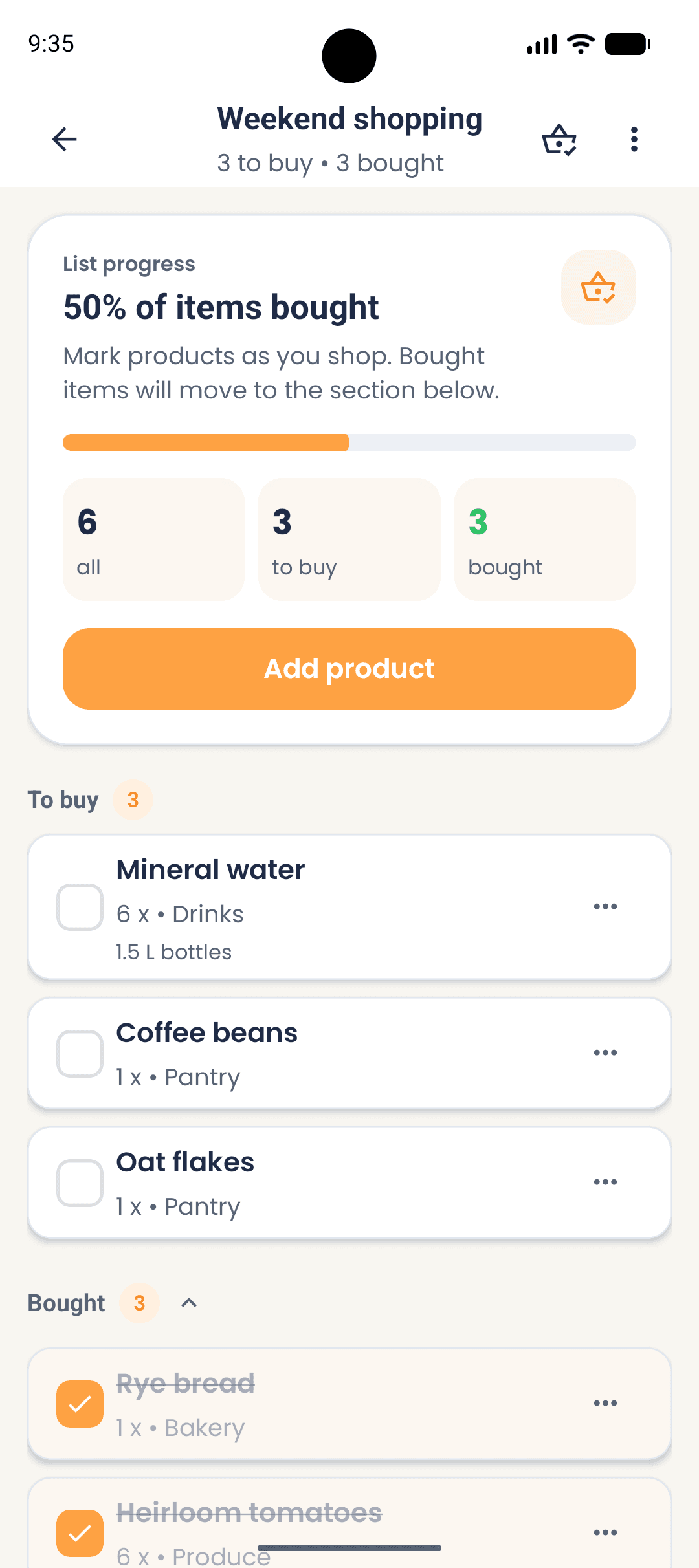 Shopping list screen in the ShopSquirrel app