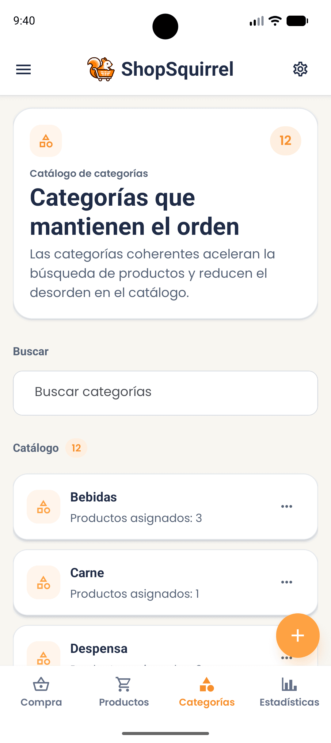 Pantalla de categorías de productos en la app ShopSquirrel