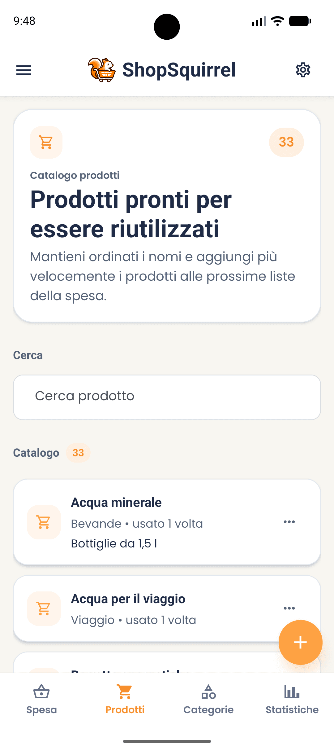 Schermata dei prodotti nell’app ShopSquirrel